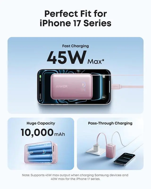 Alt view image 3 of 7 - Nano Portable Charger, 45W 10000mAh with 2.3 ft Retractable Cable, Compact Power Bank, Travel Essential Phone Battery Pack for iPhone 17/16 Series, iPad, Galaxy, Pixel, and More