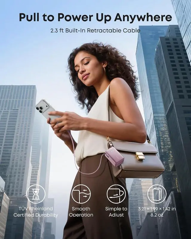 Alt view image 5 of 7 - Nano Portable Charger, 45W 10000mAh with 2.3 ft Retractable Cable, Compact Power Bank, Travel Essential Phone Battery Pack for iPhone 17/16 Series, iPad, Galaxy, Pixel, and More