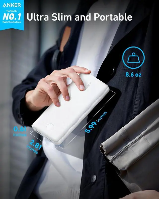 Alt view image 2 of 7 - Power Bank(PowerCore 10K), Compact Travel-Ready 10,000mAh Battery Pack with PowerIQ Charging Technology, 5V/3A High-Speed Charging for iPhone, iPad,and More (1, White)