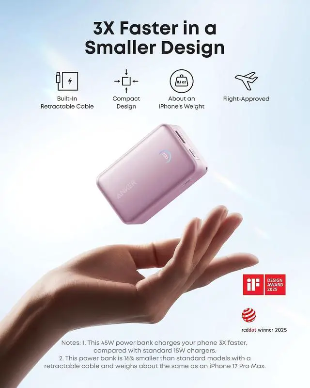 Alt view image 4 of 7 - Nano Portable Charger, 45W 10000mAh with 2.3 ft Retractable Cable, Compact Power Bank, Travel Essential Phone Battery Pack for iPhone 17/16 Series, iPad, Galaxy, Pixel, and More