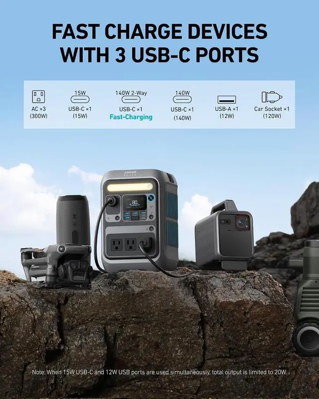 Alt view image 3 of 7 - Solar Generator SOLIX C300 with Protective Bag, 288Wh Portable Power Station, 300W (600W Surge), LiFePO4 Battery, 140W Two-Way Fast Charging, for Outdoor Camping, Traveling, and Emergencies