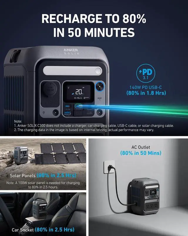 Alt view image 7 of 7 - Solar Generator SOLIX C300 with Protective Bag, 288Wh Portable Power Station, 300W (600W Surge), LiFePO4 Battery, 140W Two-Way Fast Charging, for Outdoor Camping, Traveling, and Emergencies