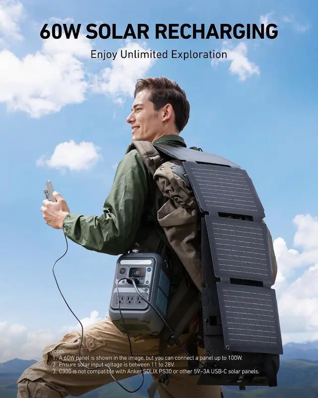 Alt view image 5 of 5 - Solar Generator SOLIX C300 with 60W Solar Panel, 288Wh Portable Power Station, 300W (600W Surge), LiFePO4 Battery, 140W Two-Way Fast Charging, for Outdoor Camping, Traveling, and Emergencies