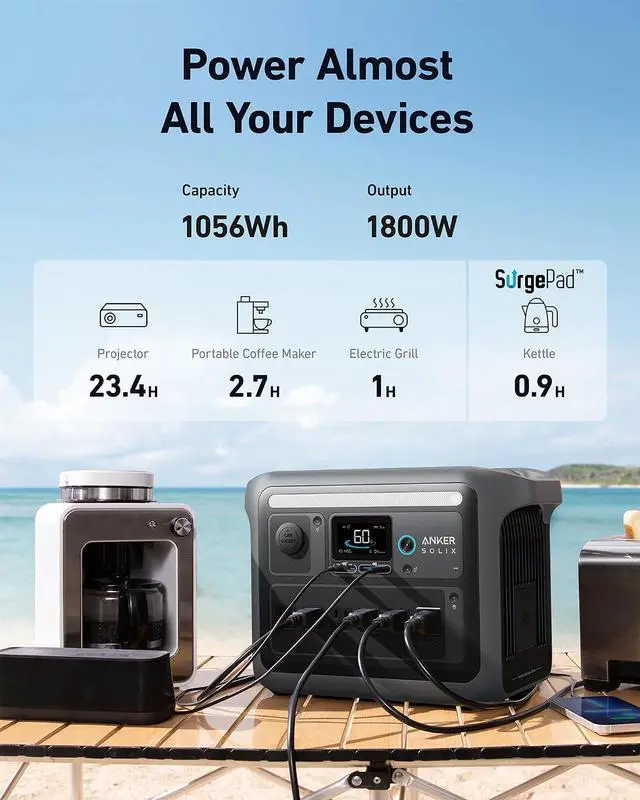 Alt view image 3 of 6 - SOLIX C1000 Portable Power Station with 400W Solar Panel, 1800W Solar Generator, 1056wh LFP (LiFePO4) Battery, 6 AC Outlets, Up to 2400W for Home, Power Outages, and Outdoor Camping