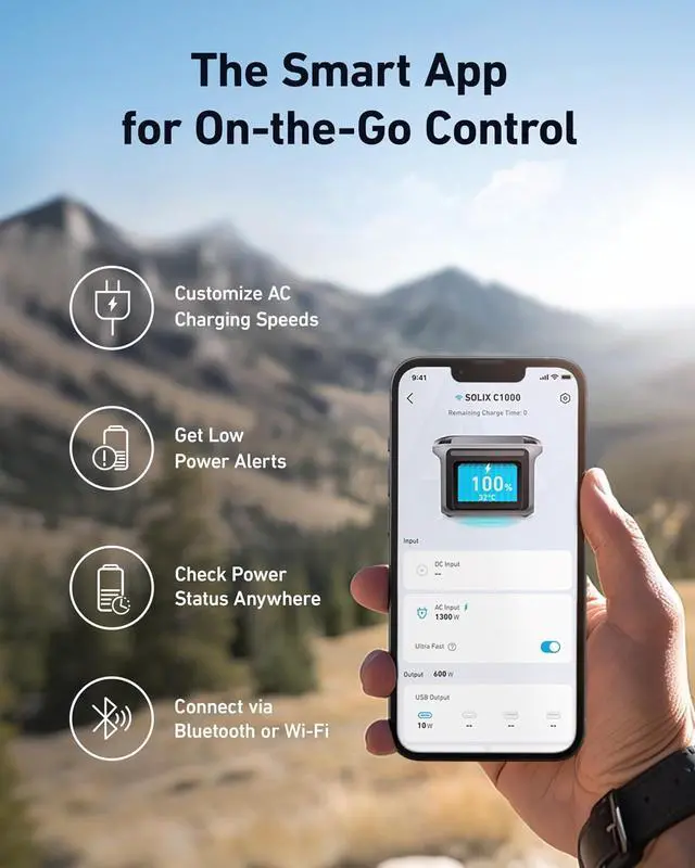 Alt view image 6 of 7 - SOLIX C1000 Portable Power Station with Alternator Charger, 1800W (Peak 2400W) Solar Generator, Full Charge in 58 Min, 1056wh LiFePO4 Battery for Home Backup, Power Outages, and Outdoor Camping