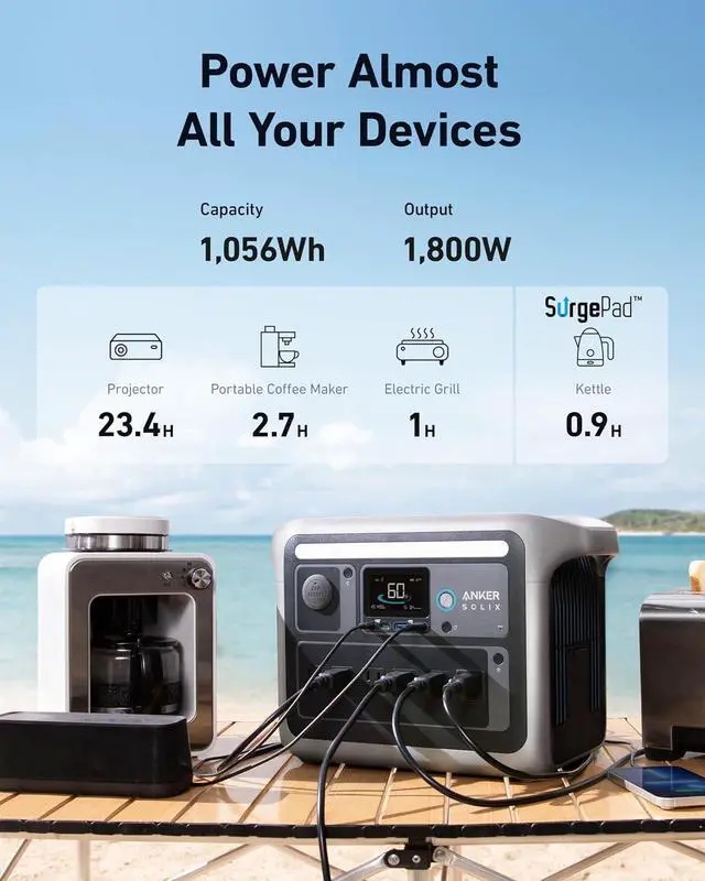 Alt view image 4 of 7 - SOLIX C1000 Portable Power Station with Alternator Charger, 1800W (Peak 2400W) Solar Generator, Full Charge in 58 Min, 1056wh LiFePO4 Battery for Home Backup, Power Outages, and Outdoor Camping