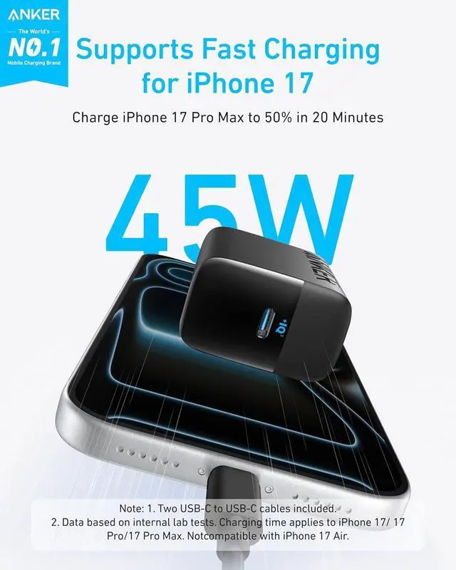 Alt view image 2 of 6 - 45W USB C Charger Block, Type C Charger Fast Charging for iPhone 17/16 Series, Phone Charger with USB-C Cable for iPad, Galaxy S24 Ultra (2-Pack, 5 ft Cable Included)