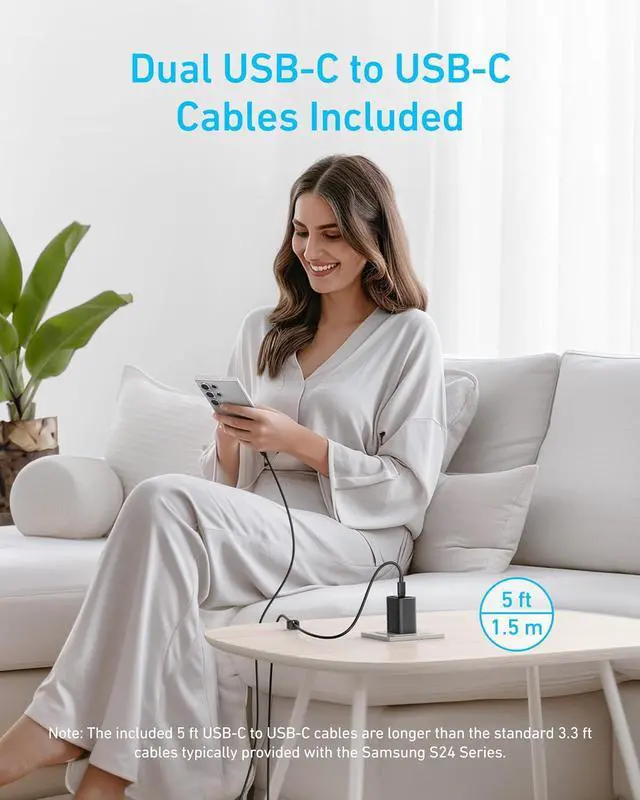 Alt view image 5 of 6 - 45W USB C Charger Block, Type C Charger Fast Charging for iPhone 17/16 Series, Phone Charger with USB-C Cable for iPad, Galaxy S24 Ultra (2-Pack, 5 ft Cable Included)