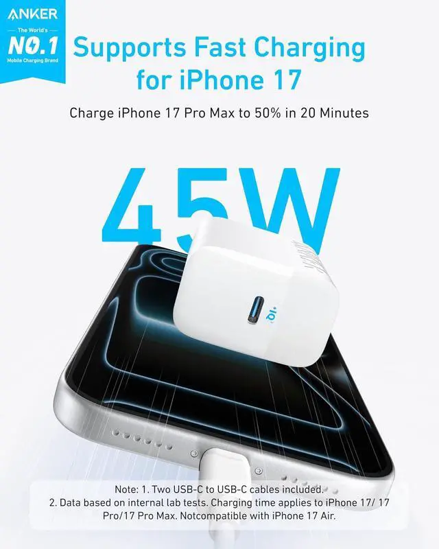 Alt view image 2 of 6 - 45W USB C Charger Block, Type C Charger Fast Charging for iPhone 17/16 Series, Phone Charger with USB-C Cable for iPad, Galaxy S24 Ultra (2-Pack, 5 ft Cable Included)