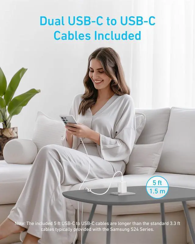 Alt view image 5 of 6 - 45W USB C Charger Block, Type C Charger Fast Charging for iPhone 17/16 Series, Phone Charger with USB-C Cable for iPad, Galaxy S24 Ultra (2-Pack, 5 ft Cable Included)