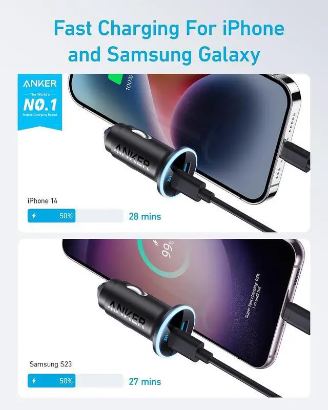 Alt view image 5 of 7 - 323 USB-C Car Charger Adapter, 52.5W Cigarette Lighter Charger with 30W PowerIQ 3.0 Fast Charging for iPhone 17/16/15/14/13/12 Series, Galaxy S25/24, Pixel (Car Charger + USB-C Cable)