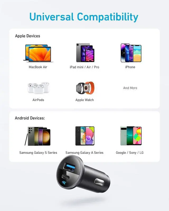 Alt view image 7 of 7 - 323 USB-C Car Charger Adapter, 52.5W Cigarette Lighter Charger with 30W PowerIQ 3.0 Fast Charging for iPhone 17/16/15/14/13/12 Series, Galaxy S25/24, Pixel (Car Charger + USB-C Cable)