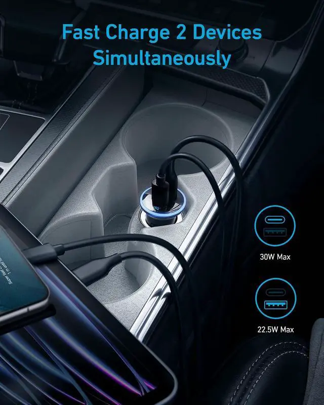 Alt view image 6 of 7 - 323 USB-C Car Charger Adapter, 52.5W Cigarette Lighter Charger with 30W PowerIQ 3.0 Fast Charging for iPhone 17/16/15/14/13/12 Series, Galaxy S25/24, Pixel (Car Charger + USB-C Cable)