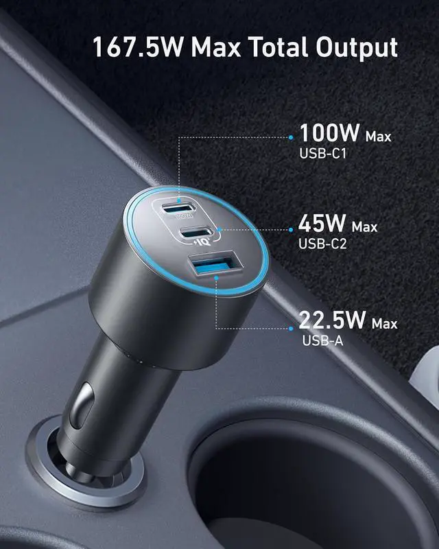 Alt view image 2 of 7 - iPhone 17 USB-C Car Charger, 167.5W Max 3-Port Ultra-Compact Type-C Fast Car Charger for MacBook Pro/Air, iPhone 17/16/15 Series, Samsung S25/S26, iPad Pro, AirPods and More