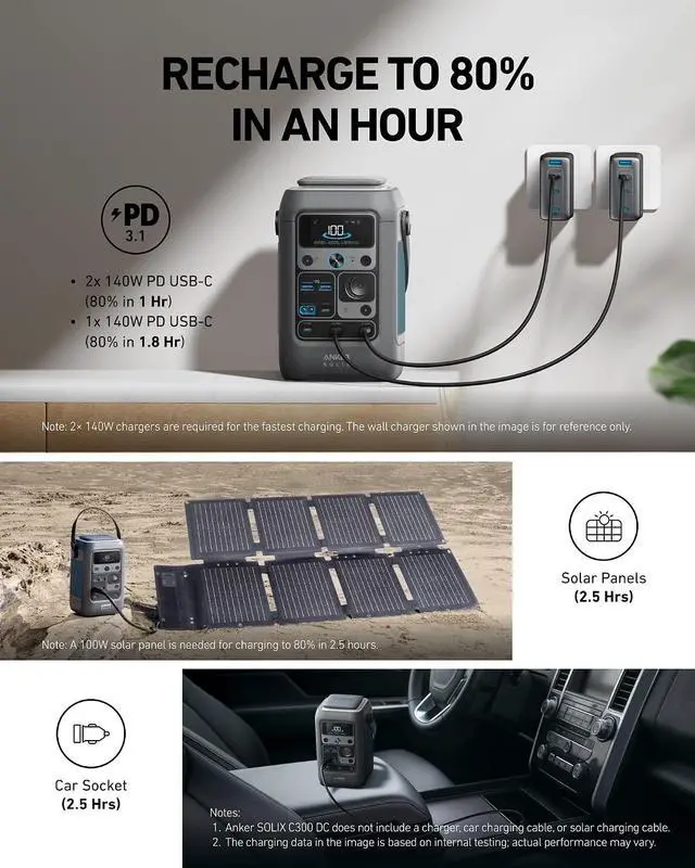Alt view image 4 of 7 - SOLIX C300 DC Power Bank Station, Outdoor 288Wh Portable Power Station, LiFePO4 Battery, 300W Solar Generator, for Camping, Traveling, and Emergencies (No Wall Charger Included)
