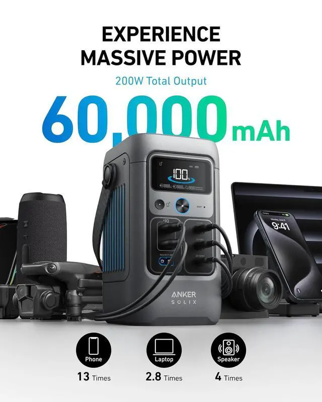Alt view image 2 of 7 - SOLIX C200 DC Power Bank Station and 60W Solar Panel, 192Wh Portable Power Station, LiFePO4 Battery, 200W Solar Generator, For Outdoor, Camping, Traveling, and Emergencies