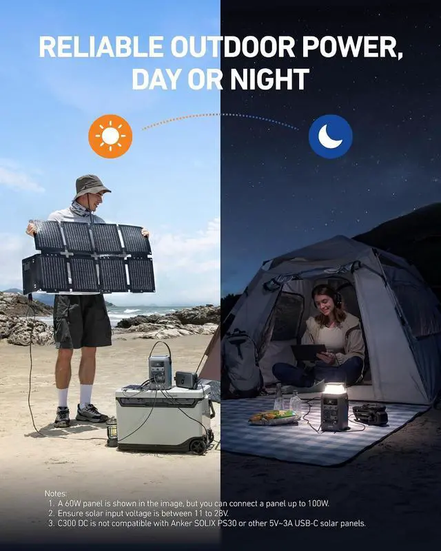 Alt view image 5 of 7 - SOLIX C300 DC Power Bank Station and 60W Solar Panel, 288Wh Portable Power Station, LiFePO4 Battery, 300W Solar Generator, for Outdoor, Camping, Traveling, and Emergencies