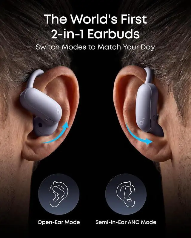 Alt view image 2 of 7 - AeroFit 2 Pro by Anker, Open-Ear and Active Noise Cancellation Modes, Hi-Res Open Ear Headphones for Commute,Office,Fitness, LDAC, 4-Mic AI Clear Calls, 34H, IP55, Wireless Bluetooth Earbuds