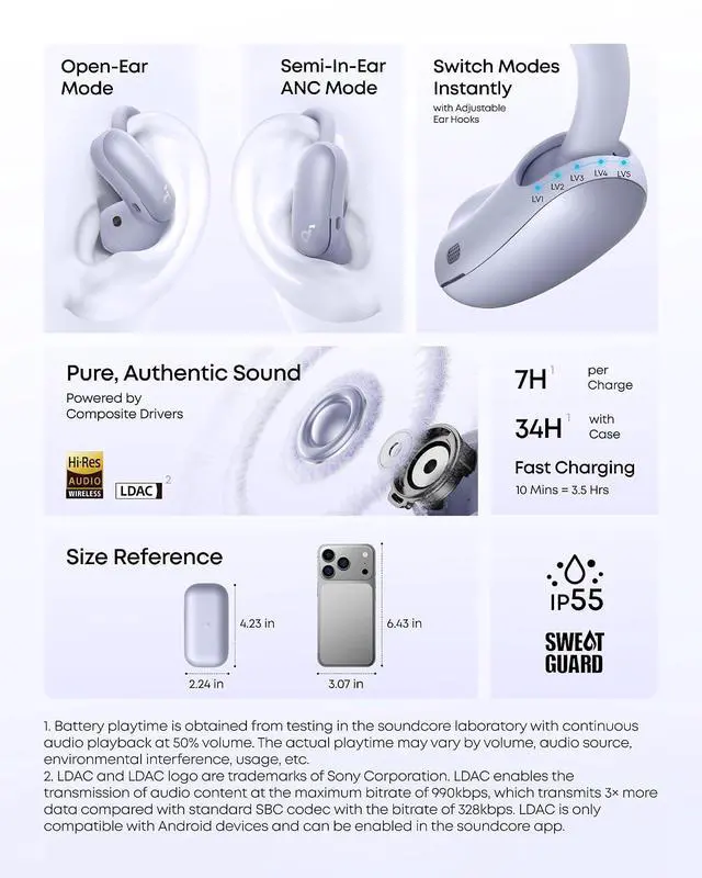 Alt view image 7 of 7 - AeroFit 2 Pro by Anker, Open-Ear and Active Noise Cancellation Modes, Hi-Res Open Ear Headphones for Commute,Office,Fitness, LDAC, 4-Mic AI Clear Calls, 34H, IP55, Wireless Bluetooth Earbuds