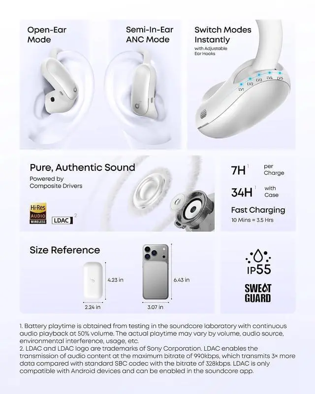 Alt view image 7 of 7 - AeroFit 2 Pro by Anker, Open-Ear and Active Noise Cancellation Modes, Hi-Res Open Ear Headphones for Commute,Office,Fitness, LDAC, 4-Mic AI Clear Calls, 34H, IP55, Wireless Bluetooth Earbuds