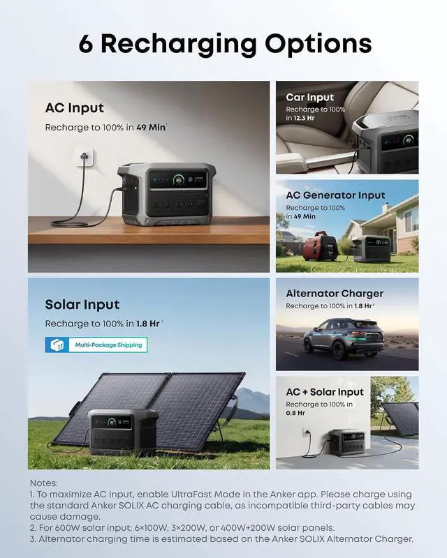 Alt view image 5 of 7 - SOLIX C1000 Gen 2 Portable Power Station with 100W Bifacial Solar Panel, 2,000W (Peak 3,000W) Solar Generator, Full Charge in 49 Min, 1,024Wh LiFePO4 Battery for Home, Power Outages, and Camping