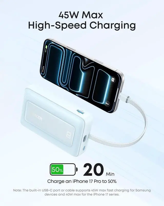 Alt view image 3 of 7 - Zolo Power Bank, 20,000mAh 45W Max Fast Portable Charger with Built-in USB-C Cable, USB C&A, 40W Battery Pack for iPhone 17 Series, MacBook, Samsung, and More (Charger Not Included)