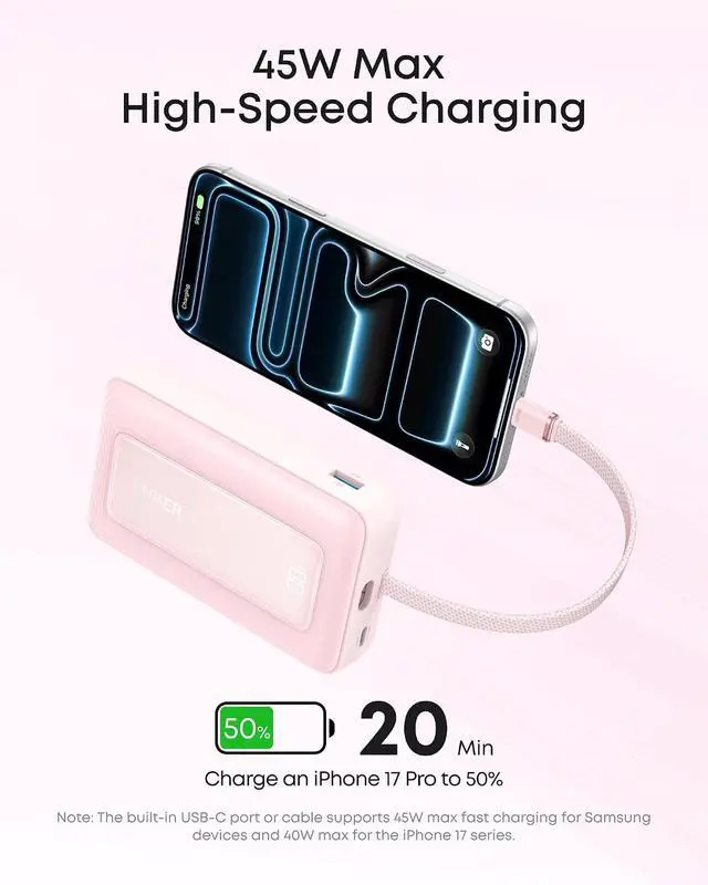 Alt view image 3 of 7 - Zolo Power Bank, 20,000mAh 45W Max Fast Portable Charger with Built-in USB-C Cable, USB C&A, 40W Battery Pack for iPhone 17 Series, MacBook, Samsung, and More (Charger Not Included)