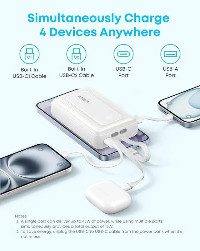 Alt view image 7 of 7 - Zolo Power Bank (2025 Upgraded Version), 45W Max Fast Charging, 20,000mAh Battery Pack, Dual Built-in USB-C Cables, USB-C&A Port, for iPhone 17/16 Series, Galaxy, MacBook, and More