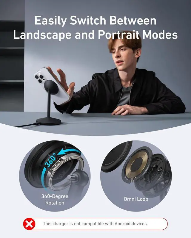 Alt view image 5 of 7 - MagGo iPhone 17 MagSafe Charger Compatible Stand, 15W Fast Magnetic Wireless Charging Station, Qi2 Certified 360° Wireless Charger, Magnetic Stand for iPhone 17/16/15/14/13 Series (No Adapter)