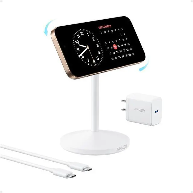 Main image of MagGo iPhone 17 MagSafe Charger Compatible Stand, 15W Fast Magnetic Wireless Charging Station, Qi2 Certified 360° Wireless Charger (White, with Cable & Adapter)