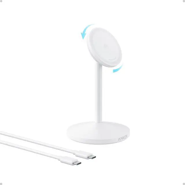 Main image of MagGo iPhone 17 MagSafe Charger Compatible Stand, 15W Fast Magnetic Wireless Charging Station, Qi2 Certified 360° Wireless Charger (White, with Cable)