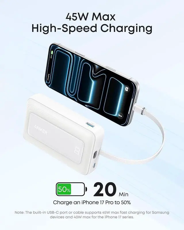 Alt view image 3 of 7 - Zolo Power Bank, 20,000mAh 45W Max Fast Portable Charger with Built-in USB-C Cable, USB C&A, 40W Battery Pack for iPhone 17 Series, MacBook, Samsung, and More (Charger Not Included)