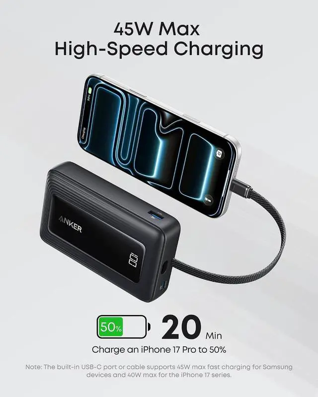 Alt view image 3 of 7 - Zolo Power Bank, 20,000mAh 45W Max Fast Portable Charger with Built-in USB-C Cable, USB C&A, 40W Battery Pack for iPhone 17 Series, MacBook, Samsung, and More (Charger Not Included)