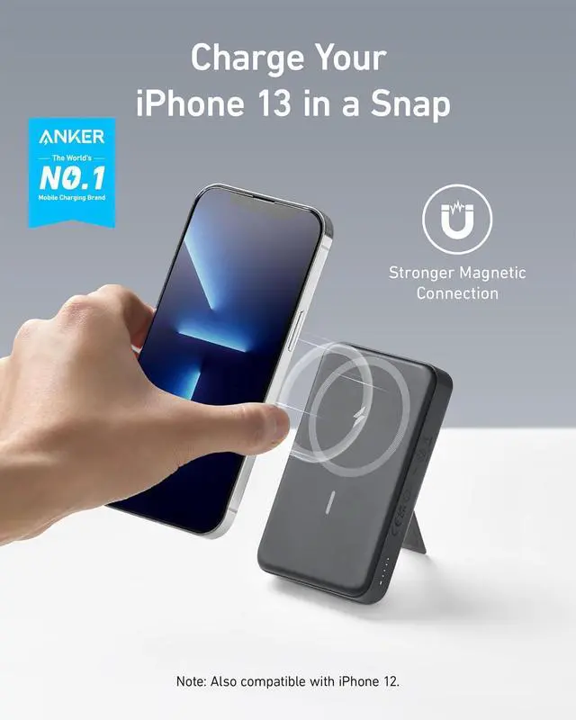 Alt view image 2 of 7 - ANKER 633 Magnetic Battery, 10,000mAh Foldable Wireless Portable Charger, 20W USB-C Power Delivery Power Bank with Stand, Magsafe-Compatible for iPhone 16/15/14/13/12 Series (Black)