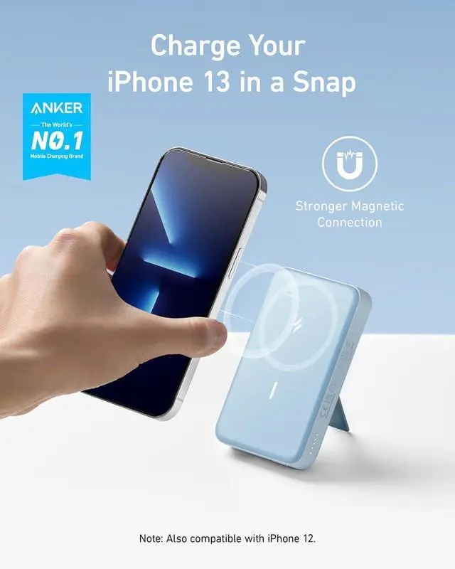 Alt view image 2 of 7 - 633 Magnetic Battery, 10,000mAh Wireless Portable Charger, 20W USB-C Power Bank with Stand, Magsafe-Compatible for iPhone 16/15/14 Series (Blue)