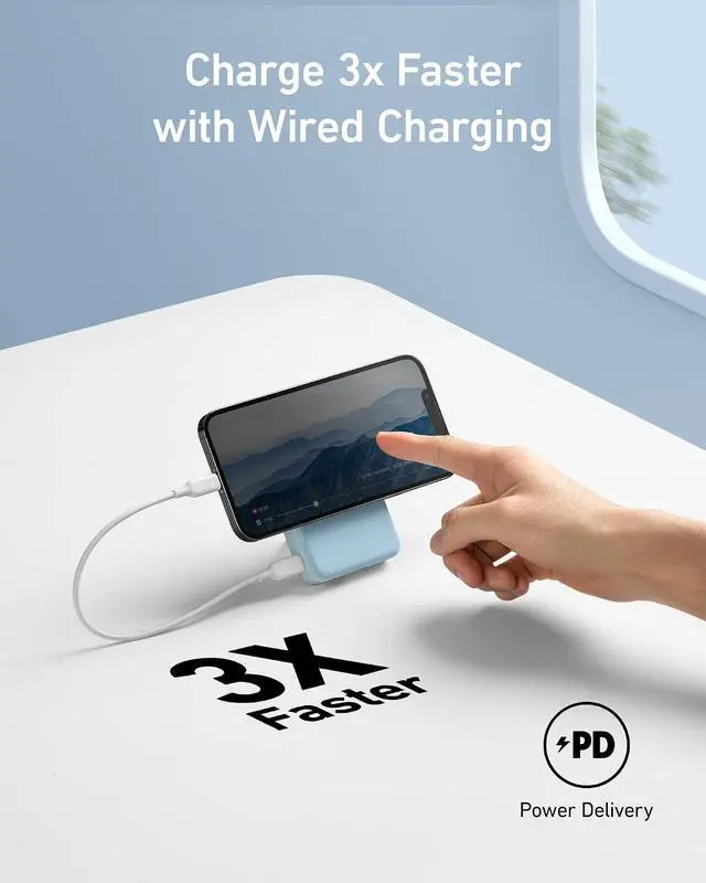 Alt view image 5 of 7 - 633 Magnetic Battery, 10,000mAh Wireless Portable Charger, 20W USB-C Power Bank with Stand, Magsafe-Compatible for iPhone 16/15/14 Series (Blue)