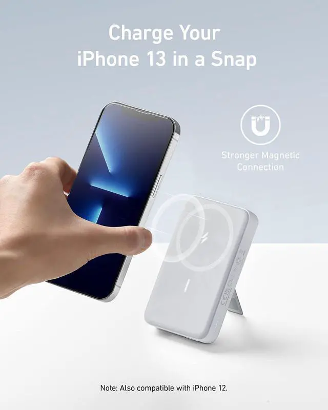 Alt view image 2 of 7 - 633 Magnetic Battery, 10,000mAh Wireless Portable Charger, 20W USB-C Power Bank with Stand, Magsafe-Compatible for iPhone 16/15/14 Series (White)