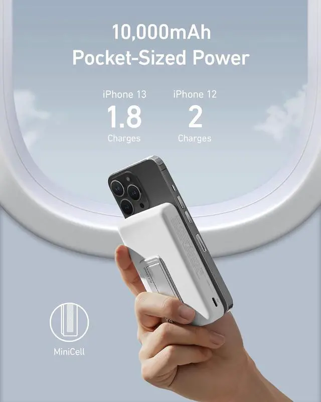 Alt view image 4 of 7 - 633 Magnetic Battery, 10,000mAh Wireless Portable Charger, 20W USB-C Power Bank with Stand, Magsafe-Compatible for iPhone 16/15/14 Series (White)