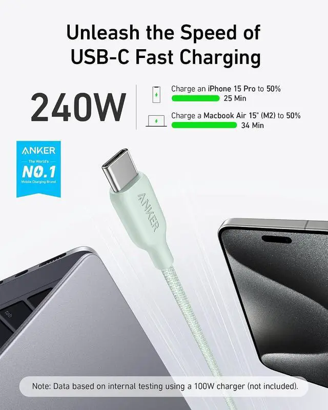 Alt view image 2 of 7 - USB C Cable, 240W Bio-Braided Type C Fast Charge Cord for iPhone 17 Series, MacBook Pro 2020, iPad Pro,and More(USB 2.0, 6FT, Natural Green)