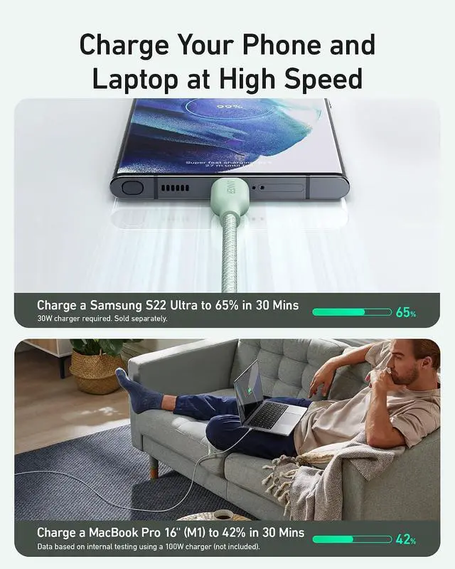 Alt view image 7 of 7 - USB C Cable, 240W Bio-Braided Type C Fast Charge Cord for iPhone 17 Series, MacBook Pro 2020, iPad Pro,and More(USB 2.0, 6FT, Natural Green)