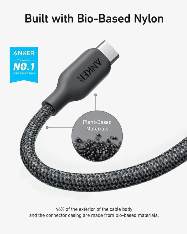 Alt view image 2 of 7 - USB C Cable, 240W Bio-Braided Type C Fast Charge Cord for iPhone 17 Series, MacBook Pro 2020, iPad Pro,and More(USB 2.0, 3FT, Phantom Black) (Pack of 2)