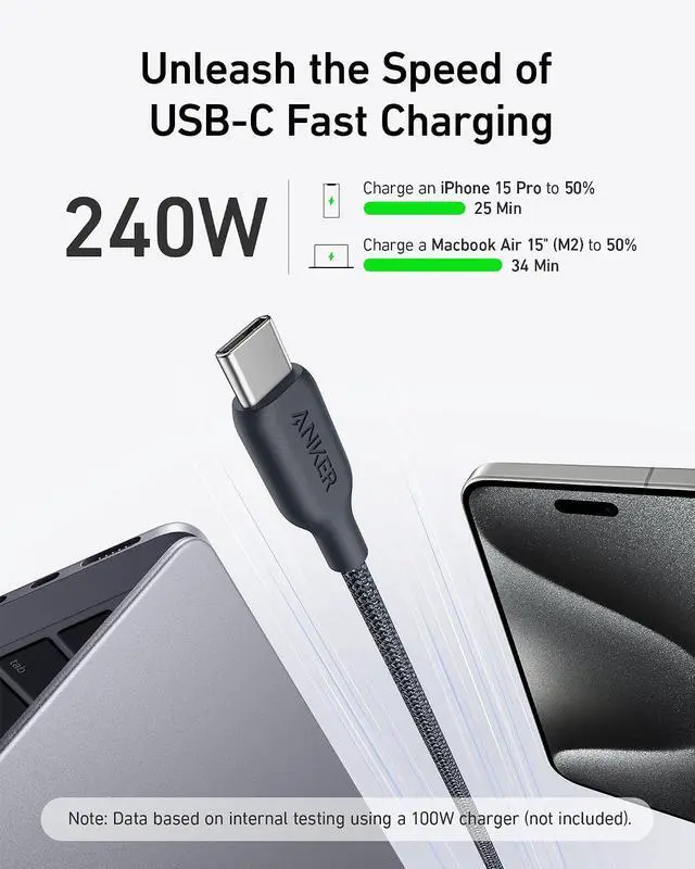 Alt view image 3 of 7 - USB C Cable, 240W Bio-Braided Type C Fast Charge Cord for iPhone 17 Series, MacBook Pro 2020, iPad Pro,and More(USB 2.0, 3FT, Phantom Black) (Pack of 2)