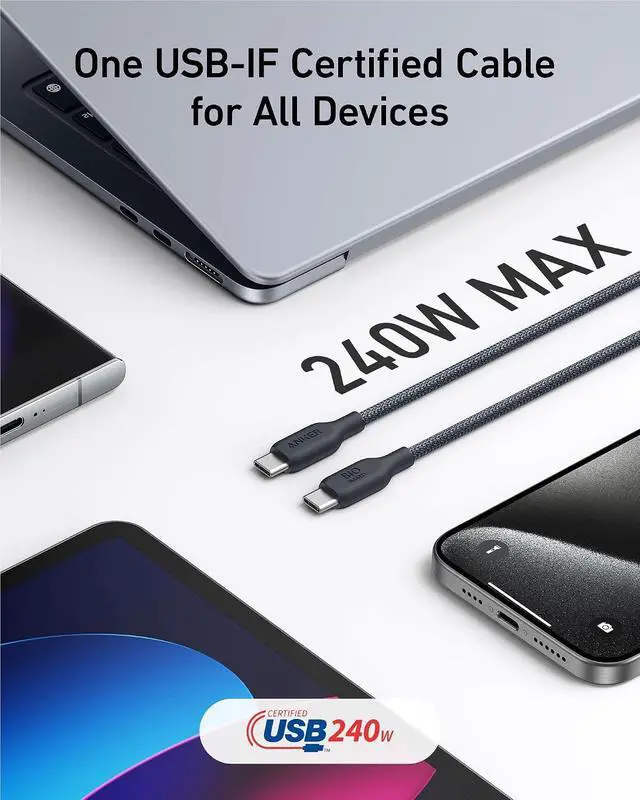 Alt view image 4 of 7 - USB C Cable, 240W Bio-Braided Type C Fast Charge Cord for iPhone 17 Series, MacBook Pro 2020, iPad Pro,and More(USB 2.0, 3FT, Phantom Black) (Pack of 2)