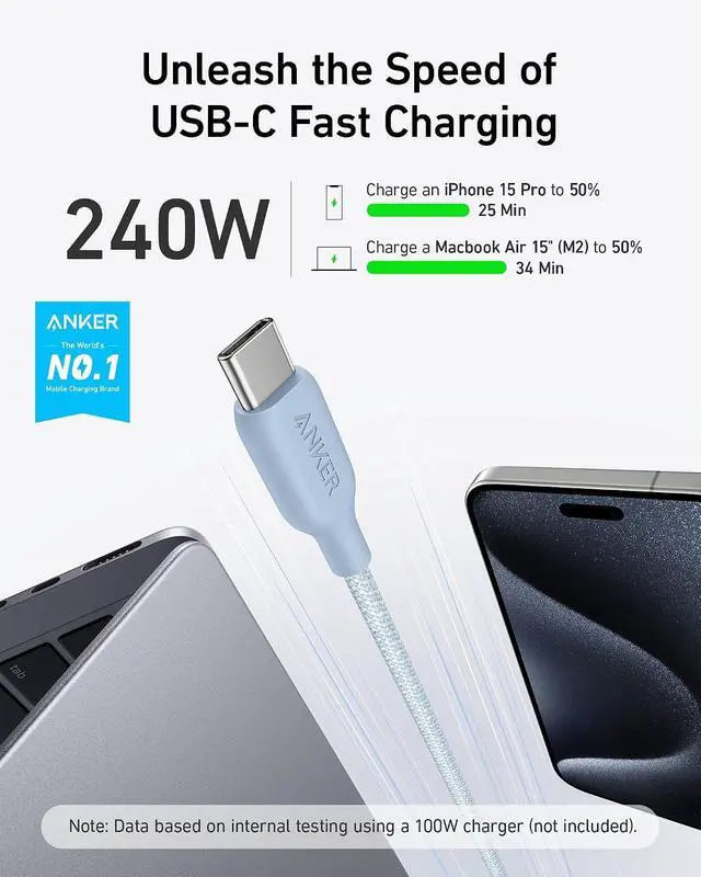 Alt view image 2 of 6 - USB C Cable, 240W Bio-Braided Type C Fast Charge Cord for iPhone 17 Series, MacBook Pro 2020, iPad Pro,and More(USB 2.0, 6FT, Ice Lake Blue)