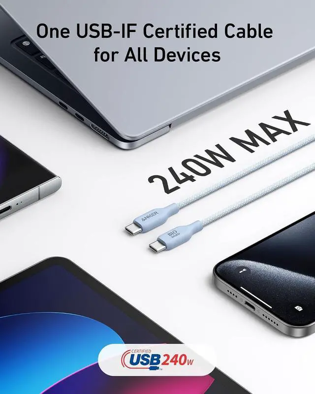 Alt view image 3 of 6 - USB C Cable, 240W Bio-Braided Type C Fast Charge Cord for iPhone 17 Series, MacBook Pro 2020, iPad Pro,and More(USB 2.0, 6FT, Ice Lake Blue)