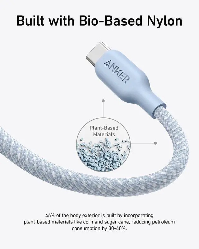 Alt view image 6 of 6 - USB C Cable, 240W Bio-Braided Type C Fast Charge Cord for iPhone 17 Series, MacBook Pro 2020, iPad Pro,and More(USB 2.0, 6FT, Ice Lake Blue)