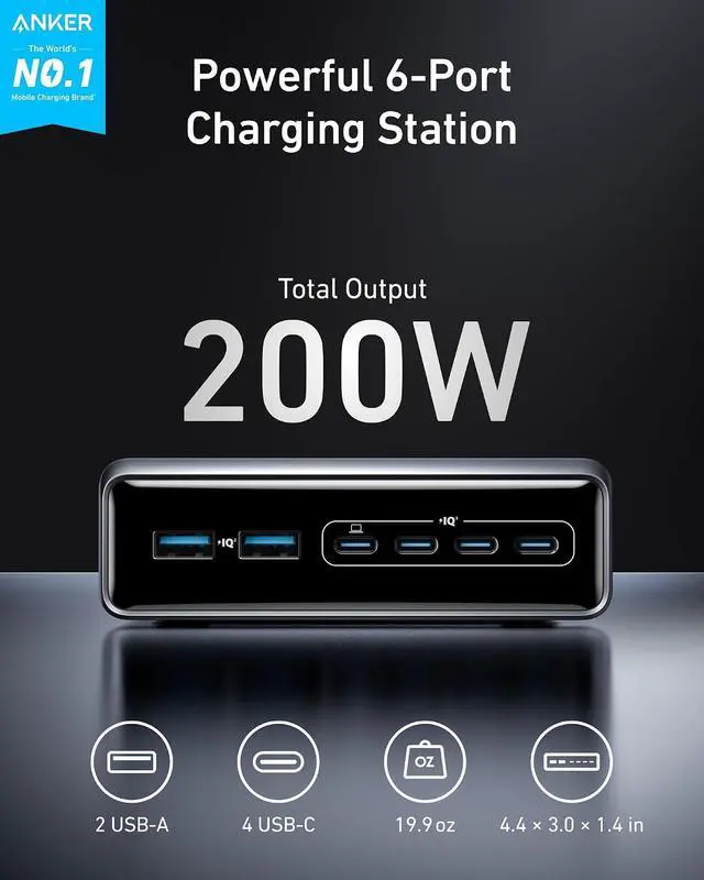 Alt view image 2 of 6 - Prime Charging Station, 200W 6-Port GaN Desktop Charger, Fast Charging USB C Charger for Multiple Devices, Compatible with iPhone, Galaxy, MacBook, Dell and More