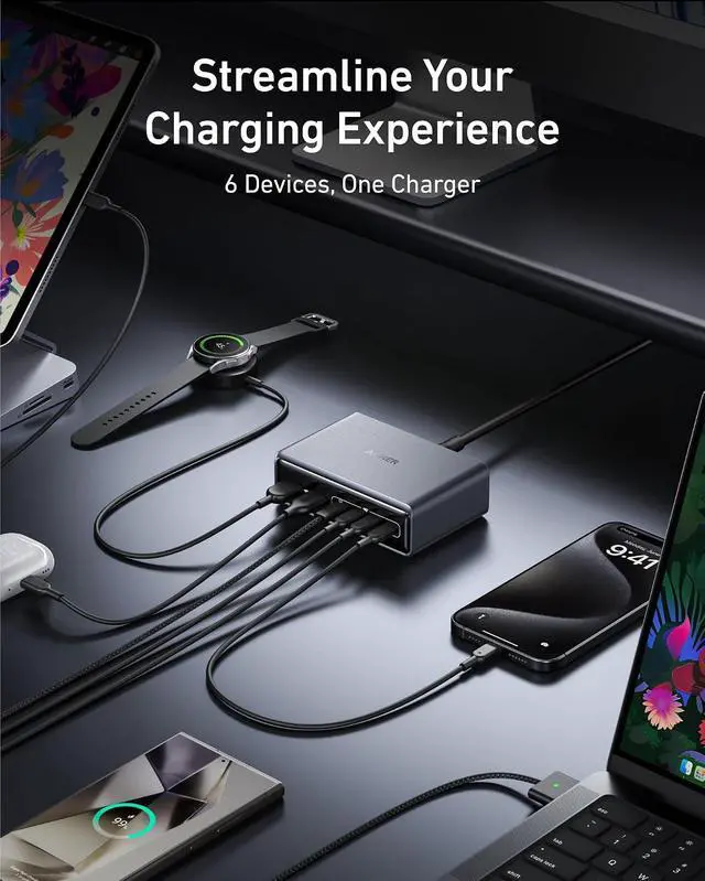 Alt view image 4 of 6 - Prime Charging Station, 200W 6-Port GaN Desktop Charger, Fast Charging USB C Charger for Multiple Devices, Compatible with iPhone, Galaxy, MacBook, Dell and More
