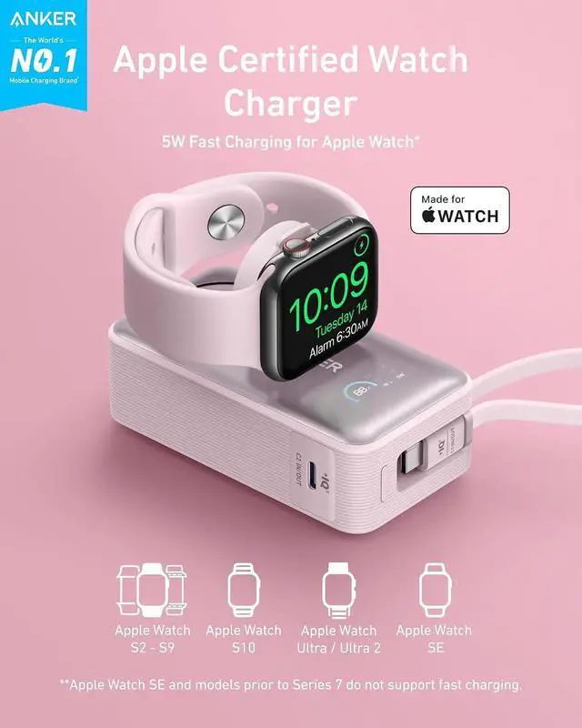 Alt view image 2 of 6 - MagGo Power Bank for Apple Watch, Officially Certified 10,000mAh Compact Battery Pack with Built-in USB-C Cable, 35W Max, for iPhone 15 Series, Samsung, iPad, AirPods, and More(Pink)