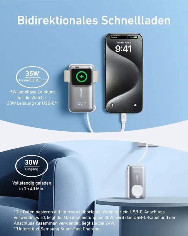 Alt view image 6 of 6 - MagGo Power Bank for Apple Watch, Officially Certified 10,000mAh Compact Battery Pack with Built-in USB-C Cable, 35W Max, for iPhone 15 Series, Samsung, iPad, AirPods, and More(White)